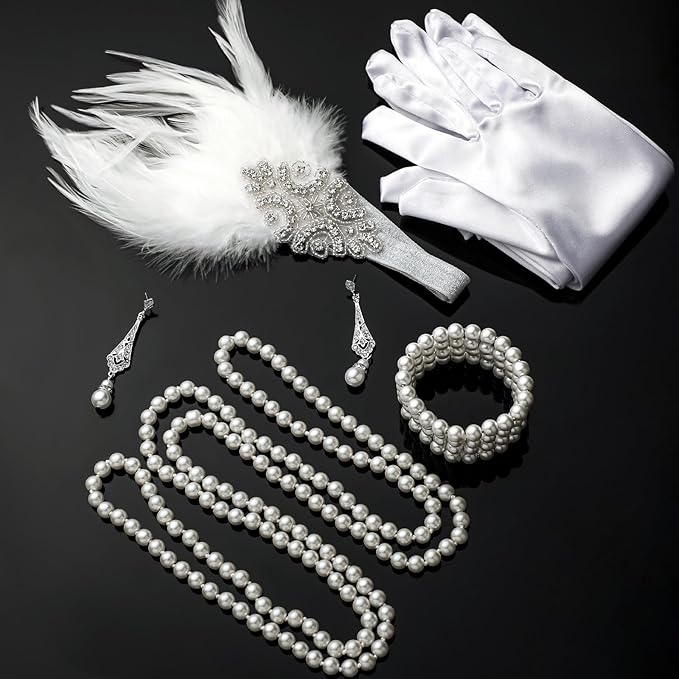 Maitys 1920s Accessories Set for Women Flapper Costume Feather Headband Necklace Bracelet Earrings
