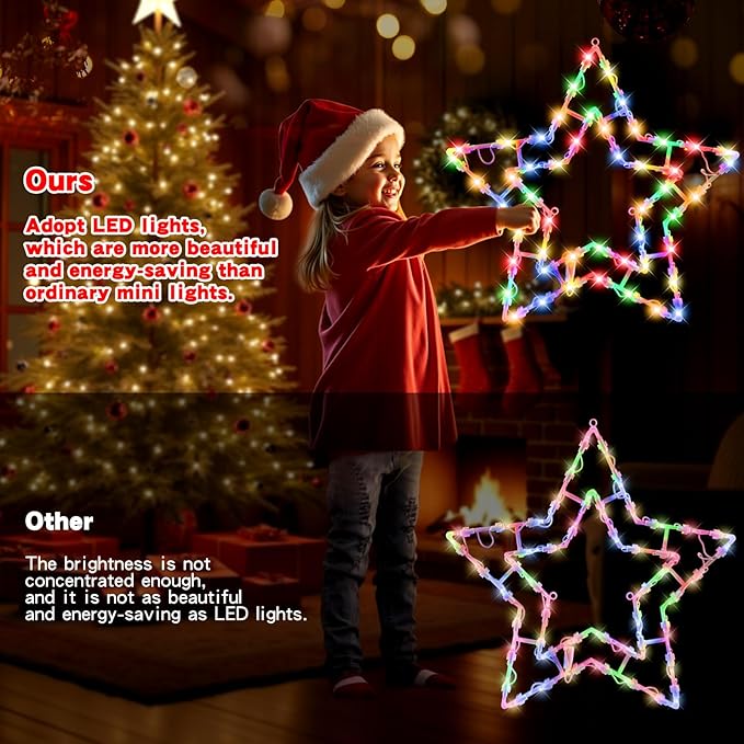 Christmas Window Silhouette LED Lights Decorations, Pack of 2 Sign Lighted snowflake and pentagram Christmas Window Lights with 50 Bulbs for Holiday Indoor Wall Door Glass Decor，Christmas window decor