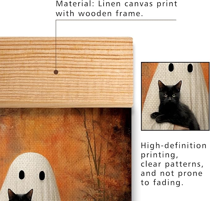 Rustic Ghost and Black Cat Wall Art 18.5x14 Inch,Fun Ghost Linen Canvas Wall Hanging Poster Decor, Retro Gothic Haunted House Theme Wall Poster for Library Reading Corner,Halloween Decorations (BLK05)