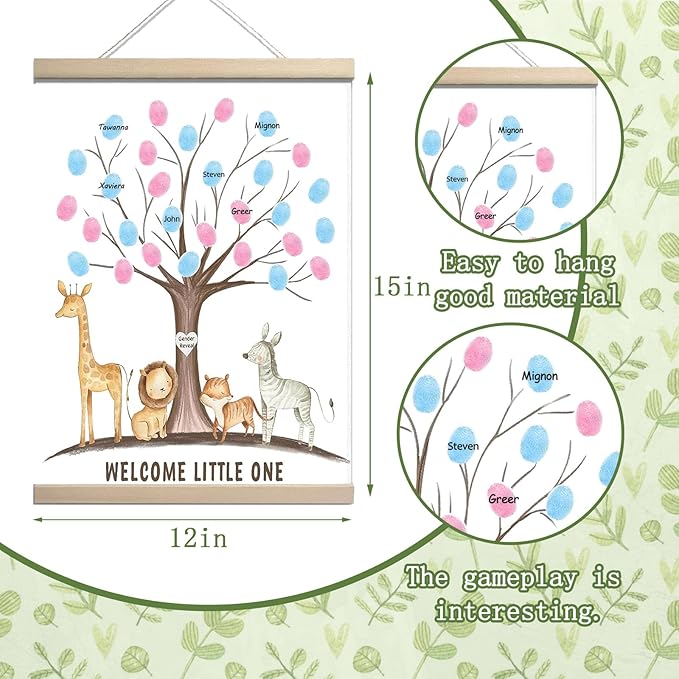 QZCYU Gender Reveal Party Decorations, Gender Reveal Fingerprint Tree with Safari Animals, Baby Shower Guest Book, Canvas Thumbprint Hanging Paintings