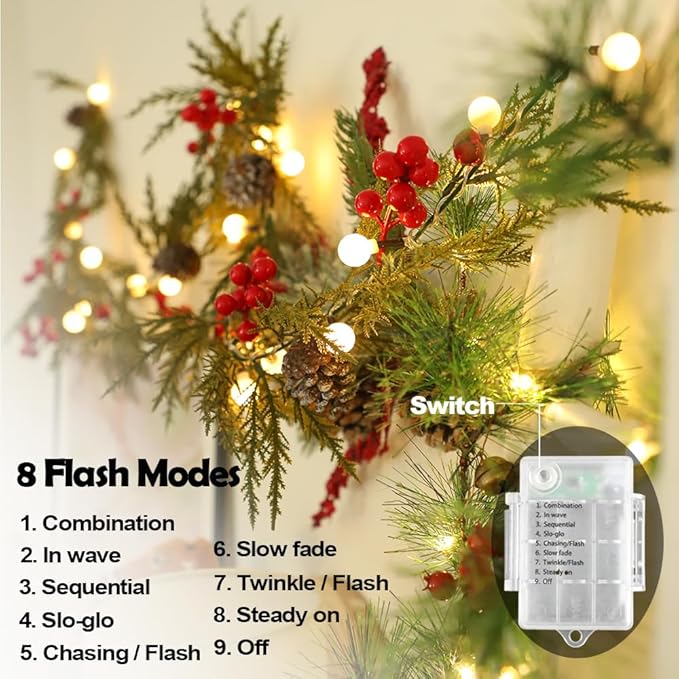 Christmas Garland 6FT 20 LED Bulbs Cypress Pine Garland with Lights Battery Operated with Timer Bells Red Berries Pinecones Green Garlands Decoration for Xmas Holiday Thanksgiving New Year Home Decor