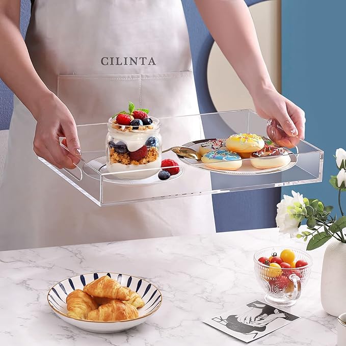 Acrylic Serving Trays with Handles, 16"x 12" Rectangle Sturdy Breakfast Tray, Clear Decorative Trays Organiser for Bedroom, Kitchen, Living Room, Bathroom, Hospital and Outdoors