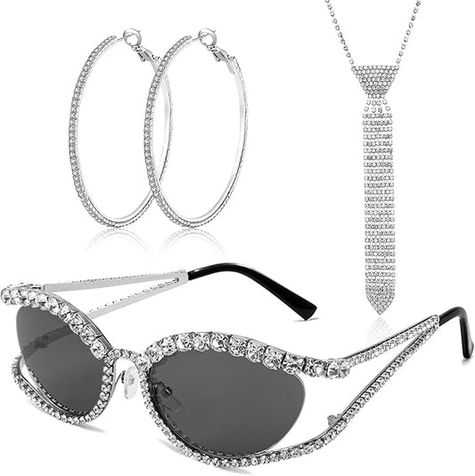 XEPST 3 Piece 70s Women Disco Accessories Disco Costume Set with Sparkling Cat Eye Sunglasses, Hoop Earrings & Rhinestone Tie Necklace, Glamorous Bling Costume Accessories for Women