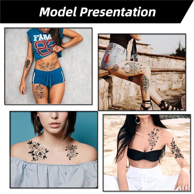 20 Sheets Temporary Tattoos - Black Fake Tattoo Stickers Set for Women Men, Including Floral Mandala and Animal Tribal Designs, Waterproof Body Art for Party Festival