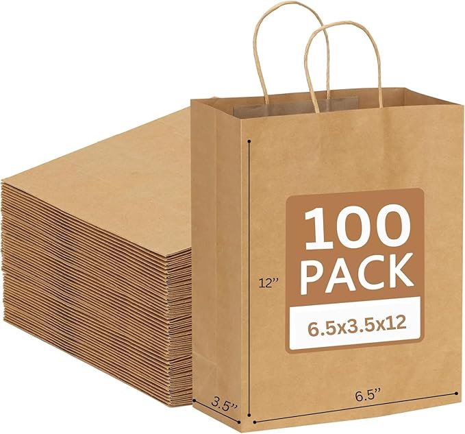 Jet Paper Bags - 100 Pack 6.5x3.5x12 Inch Medium Plain Brown Kraft Paper Bags with Handles Bulk, Gift Wrap Bags for Favors Grocery Retail Party Birthday Shopping Business Goody Craft Merchandise Take Out Sacks