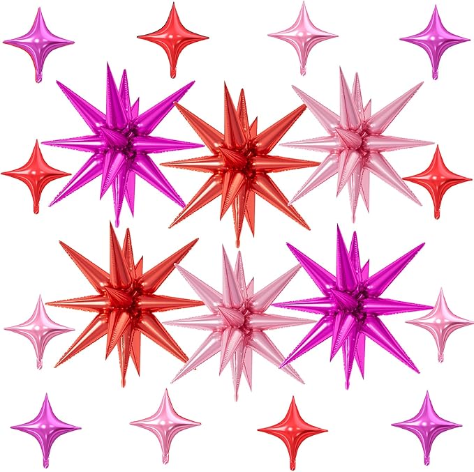 18 Pcs Red Pink Star Balloons, Pink and Red Balloon with 6 Pcs 22-Inch Explosion Star Balloons 12Pcs 10-Inch Four Pointed Stars Foil Balloon for Valentine's Anniversary Birthday Party Decoration