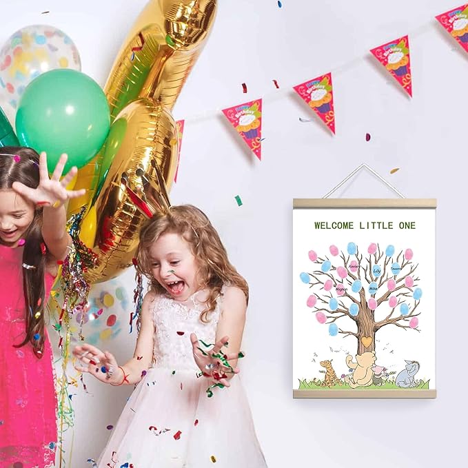 QZCYU Winnie Baby Shower Decorations, Gender Reveal Party Decorations, Gender Reveal Fingerprint Tree,Boy or Girl Gender Reveal Supplies Fingerprint Tree Canvas