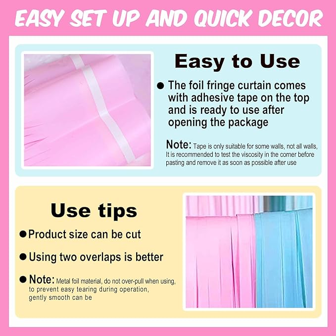 6 Pack Macaron Pink Blue Foil Fringe Curtains Backdrop, 3.28 x 8.2 Ft Metallic Streamers Tinsel Curtains Background for Photo Booth, Birthday, Christmas, Halloween, New Year Party Decorations