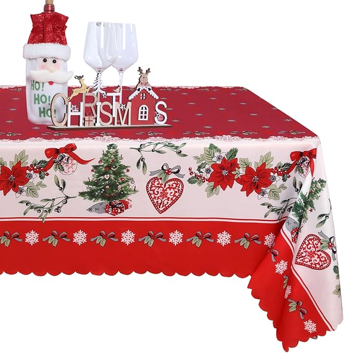 LUSHVIDA Christmas Rectangle Table Cloth – Washable Water Resistance Holiday Microfiber Tablecloth Decorative Table Cover for Banquet Party Kitchen Dining Room, 60 x 84 Inch