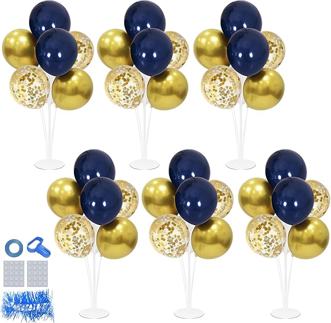 6 Set Balloon Stand with Blue and Gold Balloons Centerpiece Table Decorations for Birthday Wedding Anniversary Father's Day Retirement New Years Graduation Decorations Class of 2025