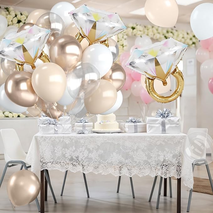 Beige White Gold Balloons,12 Inch Nude Metallic Champagne Gold Cream White Clear Balloon with Diamond Ring Foil Balloon for Boho Wedding Bridal Shower Marriage Anniversary Engagement Decorations