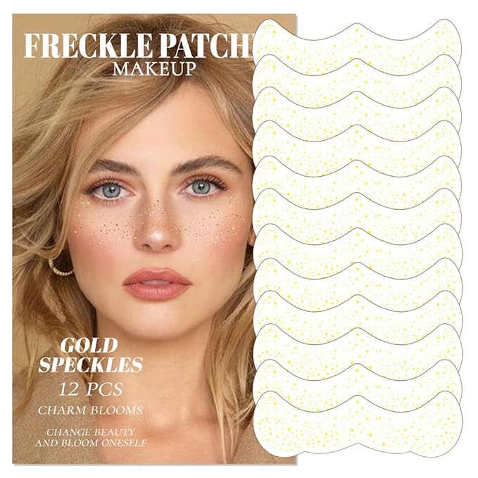 12Pcs Glitter Freckles for Women, Long Lasting Waterproof Holographic Sparkle Temporary Face Tattoo Star Sticker Makeup Patches for Rave Musical Festival Accessories (GOLD FRECKLES)