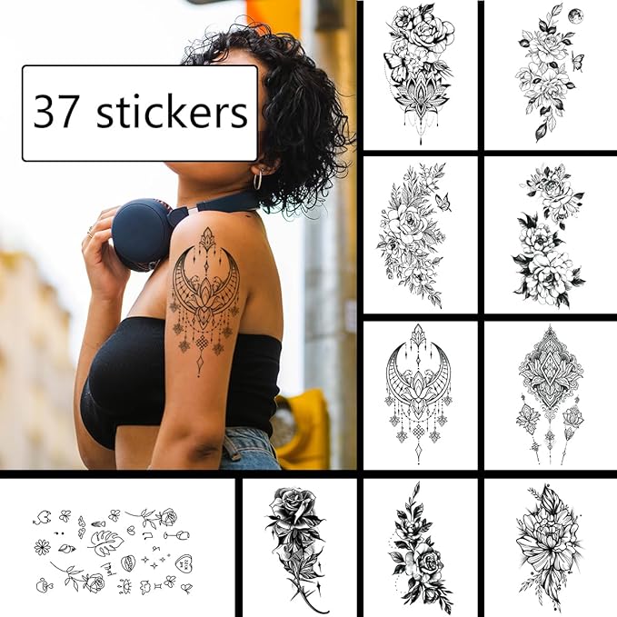 20 Sheets Temporary Tattoos - Black Fake Tattoo Stickers Set for Women Men, Including Floral Mandala and Animal Tribal Designs, Waterproof Body Art for Party Festival