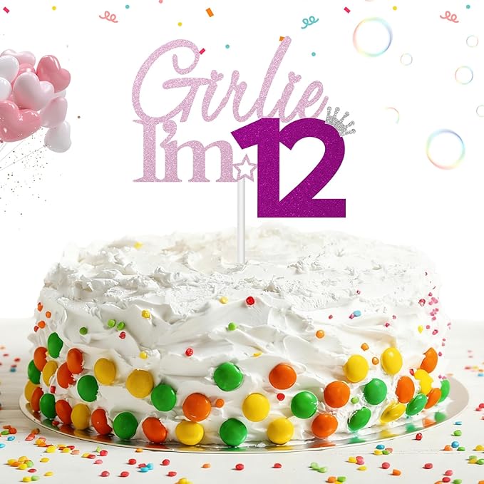 Girlie I'm 12 Cake Topper, 12th Birthday Decorations for Girl, Glitter Funny 12th Birthday Cake Topper, Girlie 12 Year Old Birthday Party Decoration Supplies