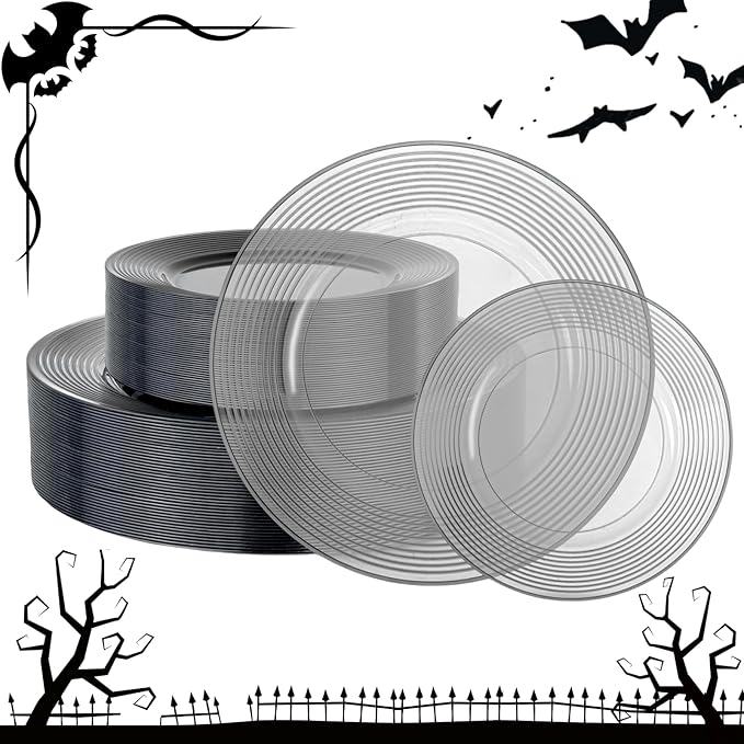 FLOWERCAT 100PCS Clear Black Plastic Plates Disposable Plates for Party - Heavy Duty Plastic Plates - 10" &7" Plate for 50 Guests Halloween Parties and Events (Smoke Gray)