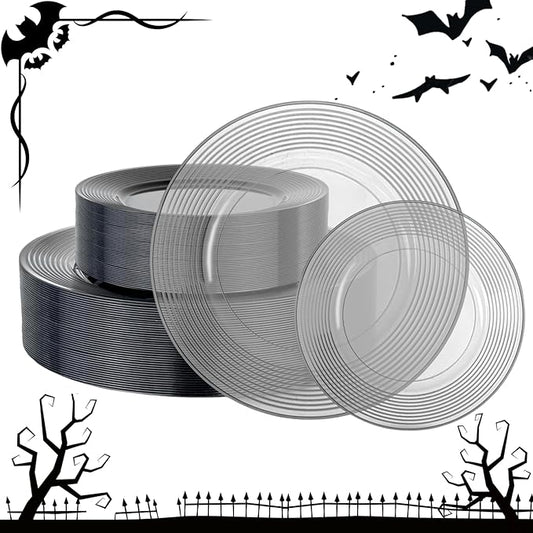 FLOWERCAT 100PCS Clear Black Plastic Plates Disposable Plates for Party - Heavy Duty Plastic Plates - 10" &7" Plate for 50 Guests Halloween Parties and Events (Smoke Gray)