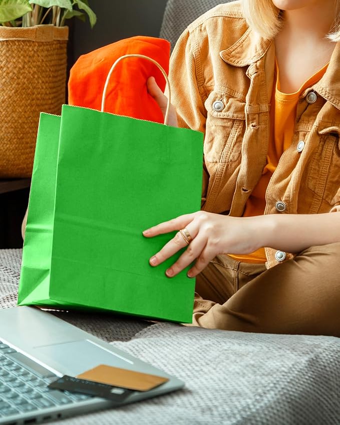 qiqee Bamboo Green Gift Bag with Handles Bulk 24Pcs Paper Bags -10.6"x8.3"x4.3"Party Favor Bags - Solid Color
