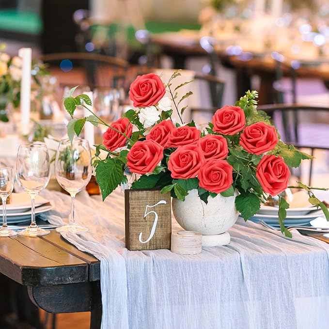 JOYLEX Artificial Flowers Realistic Red Roses, 100pcs Real Looking Fake Roses with Stem for DIY Wedding Bouquets Centerpieces Bridal Shower Party Home Romantic Decorations (Red)