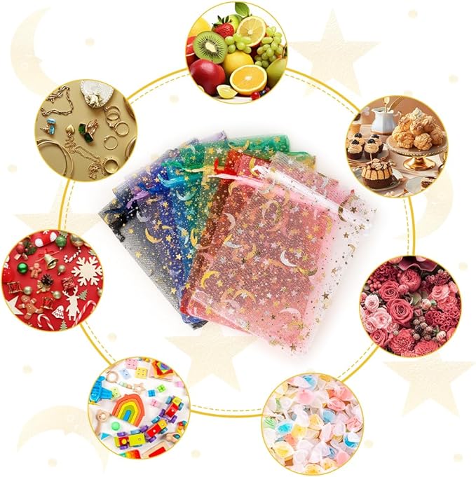 Moon Star Organza Bags 4x6 Small Mesh Bag Drawstring 50 Pcs Mesh Gift Bags Drawstring Pouch Jewelry Pouches Bulk Wedding Favor Bag Gift Pouch for Candy Make up Soaps Birthday Festival Party Supplies