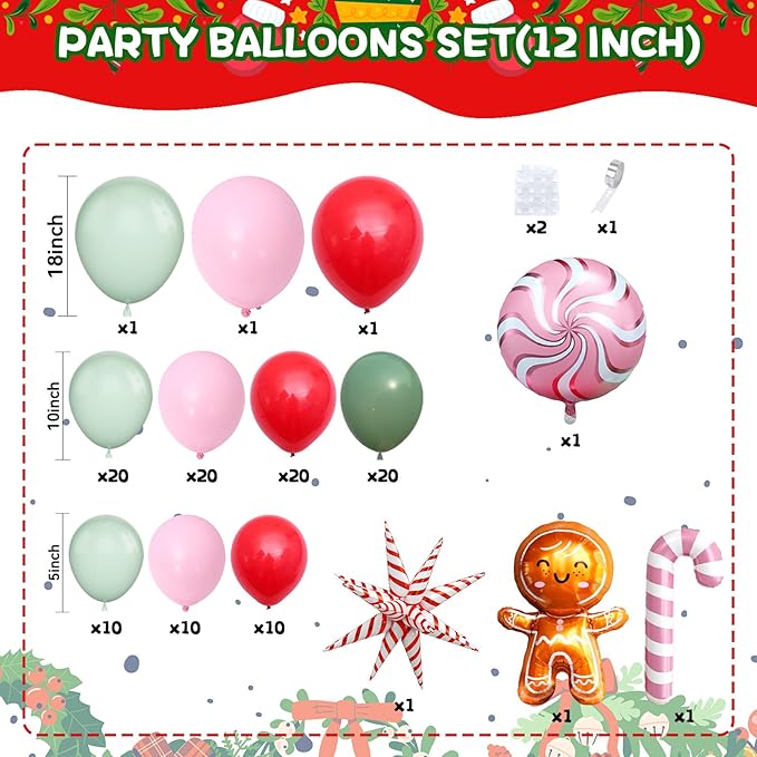 Christmas Balloon Arch Garland Kit,120PCS Christma Pastel Pink Green Balloons, Candy Crutch Gingerbread Foil Ballons for MerryChristmas Party Decorations Party Supply Birthday,Baby Shower