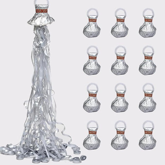 24Pack Silver Hand Thrown Streamer Poppers, Confetti Streamers No Mess Party Poppers, Streamers for Weddings Birthdays Events, Quiet Easy Cleanup (Silver, 24Pack)