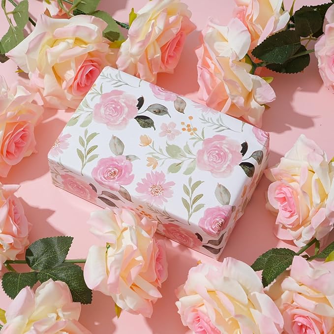 ZINTBIAL Pink Floral Wrapping Paper Roll - Watercolor Roses and Light green leaves Design, 17 Inches x 16.5 Feet, Gift Wrap for Wedding, Bridal Shower, Birthday, Mother's Day, Cut Lines on Back