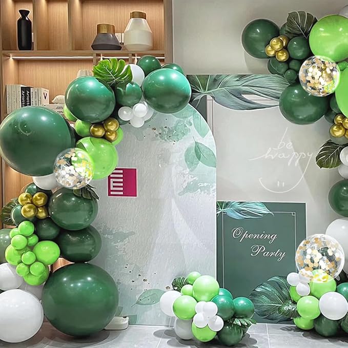 Green White Gold Balloon Garland Arch Kit, 156 Dark Green Metallic Gold White and Neon Green Balloons for Birthday Wedding Anniversary Safari Jungle Baby Shower