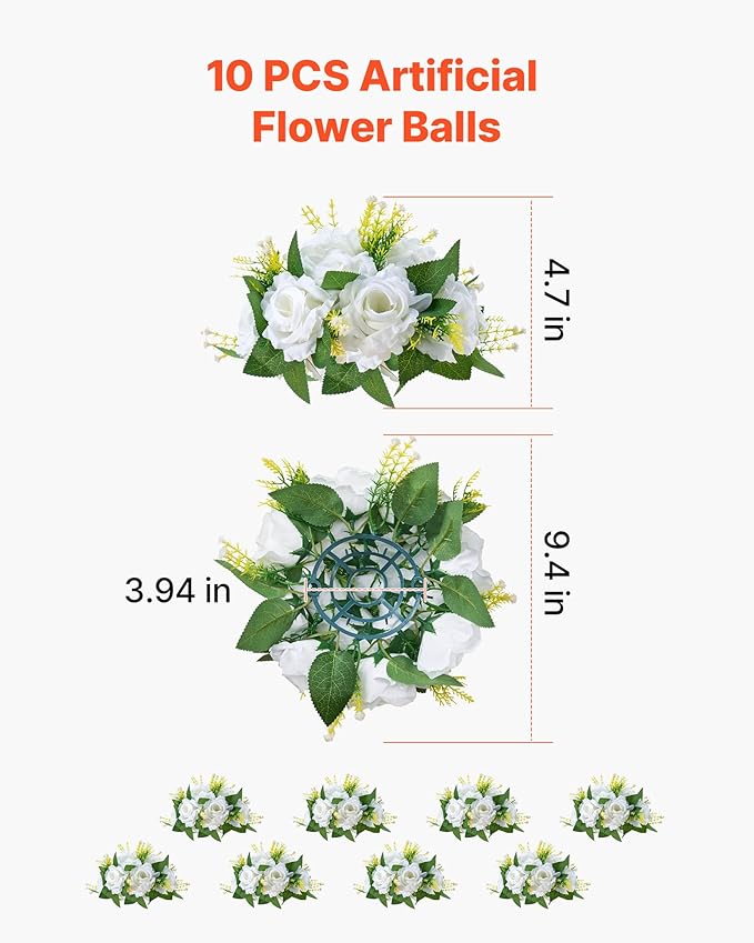 VEVOR Flower Balls Arrangement Bouquet 10 PCS, 9.5-Inch Diameter Artificial Flower Balls Wedding Rose Centerpieces, Faux Flowers Arrangements for Wedding Centerpiece Home Table Decorations, White