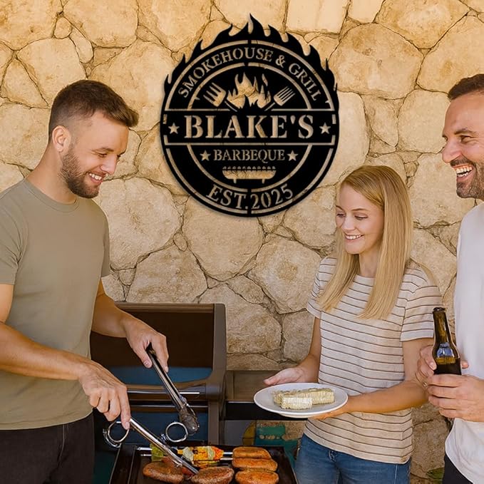 Custom BBQ Metal Sign, Personalized Smokehouse and Grill Barbeque Plaque with Fire and Utensils Design, Outdoor Patio Yard Wall Decor for Barbecue Lovers, Rustic BBQ Gift for Birthday Christmas