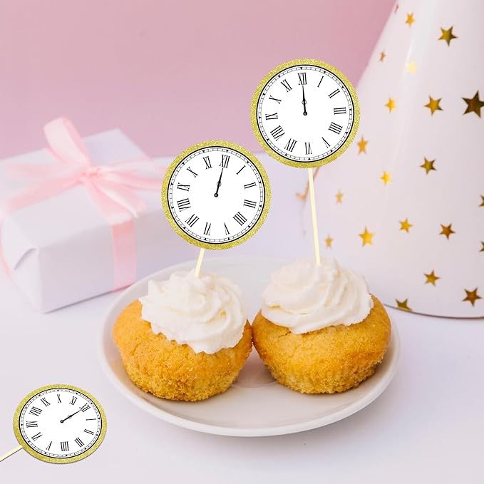 24pcs happy new year cupcake toppers, 2024 cupcake decorations (Clock B)