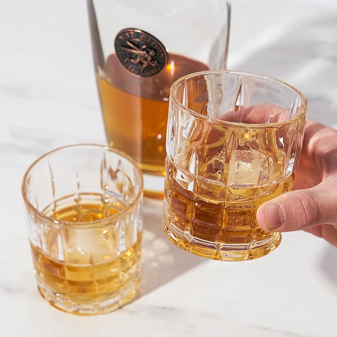 Viski Highland Crystal Whiskey Glasses, Elegant Drinking Glasses for Bourbon, Scotch, Cocktails, and Neat Spirits, Lowball Tumblers Perfect for Hosting, Housewarming Party, Home Bars, 10 oz, Set of 4