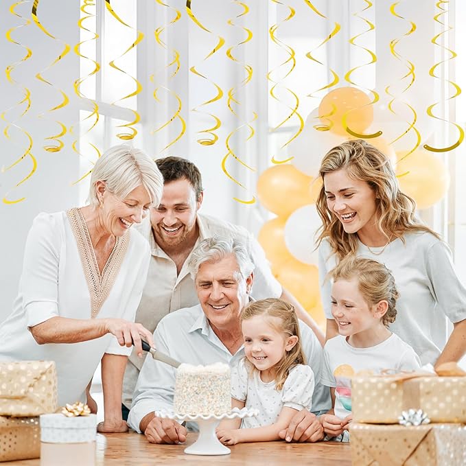 24 PCS Gold Foil Hanging Swirl,Sparkle Ceiling Hanging Decorations, Plastic Streamer Party Decorations,Swirl Decorations with Double-Swirls and Single-Swirls for Birthday,Thanksgiving Day,Baby Shower
