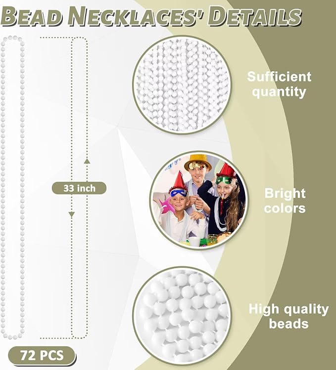 72PCS Bead Necklace, White Beaded Necklace Party Favors Bulk, 33" Mardi Gras Beads Necklaces, Festival Parade Throw Accessories for Baby Shower Wedding Birthday Celebrations Decorations