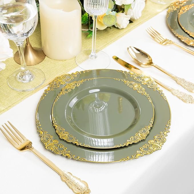125PCS Olive Green Plastic Plates - Green and Gold Disposable Plates - Vintage Plate with Gold Plastic Silverware Sets for 25 Guests for Christmas & Party