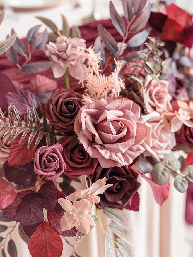 Rose Artificial Flowers Burgundy Fake Flower Bulk for DIY Wedding Bouquets Bridal Baby Shower Centerpiece Table Decorations Silk Faux Floral Arrangements for Party Home Decor Indoor Red Mauve