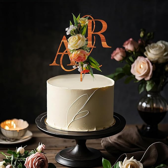 Wedding Cake Topper with 3D Artificial Flowers and Green Leaves Custom Initials Personalized Wooden Anniversary Cake Decoration (Maple)