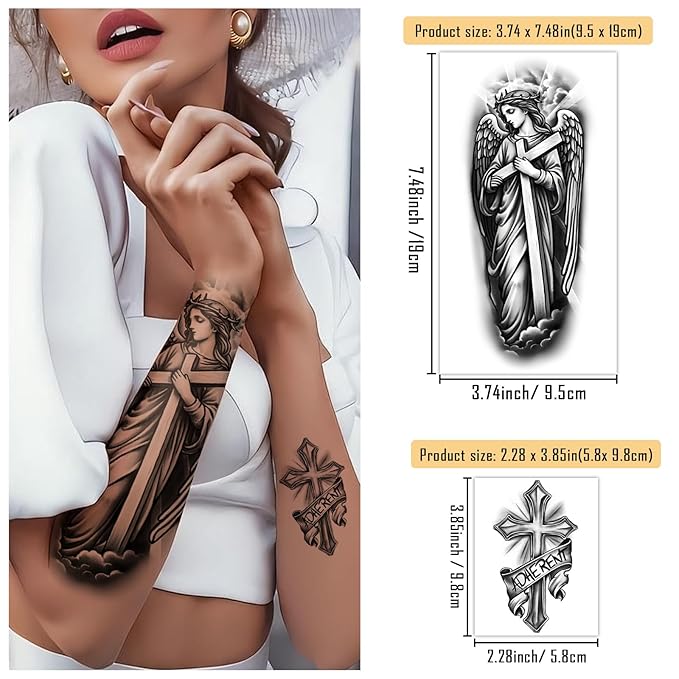 77 Sheets Christian Cross Temporary Tattoo for Women Men, 17 Sheets Half Arm Large Religious Jesus God Fake Tattoos, 60 Sheets Angels Black Christ Tiny for Adult Kids Body Tattoos Stickers Realistic