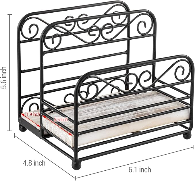 MyGift 2-in-1 Disposable Napkin and Salt & Pepper Caddy, Black Metal Vintage Scrollwork Dinner Table Paper Towel Condiment Holder with Shabby White Washed Solid Wood Base