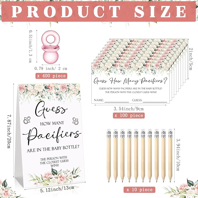 Roowest 512 Pcs Baby Shower Games Guess How Many Pacifiers Sign 100 Small Guessing Games 10 HB Pencils 750ml Milk Bottle 400 Acrylic Pacifiers Decoration for Guest Gender Reveal(Pink,Flower)