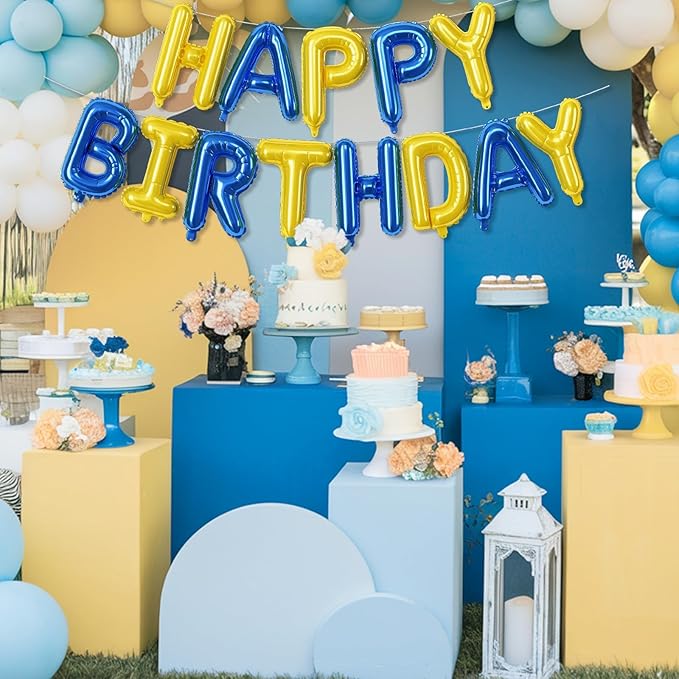 Blue and Yellow Happy Birthday Balloon Banner, 16 Inch Blue Gold Happy Birthday Bunting Banner Letter Foil Balloons for Boys Soccer Club Theme Cartoon Style Birthday Party Decorations Supplies