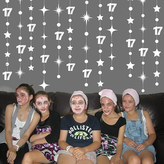 Silver 17th Birthday Decorations Number 17 Circle Dot Star Garland Streamer Banner Backdrop for Girls Boys Cheers to 17 Years Old Birthday 17 and Fabulous Happy 17th Anniversary Party Supplies