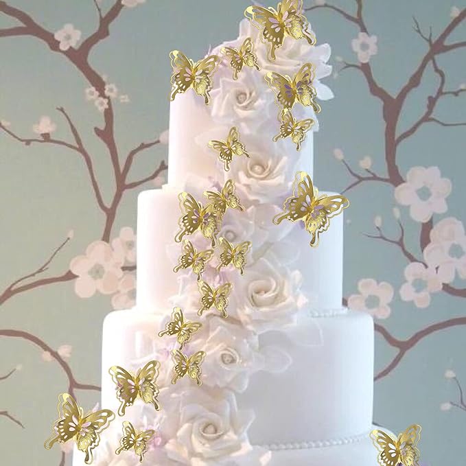 40 PCS Gold Lively 3D Butterfly Cupcake Toppers Mixed Size Hollow Art Butterfly Cupcake Topper Baby Shower Wedding Anniversary Birthday Party Cake Wall Decorations Supplies