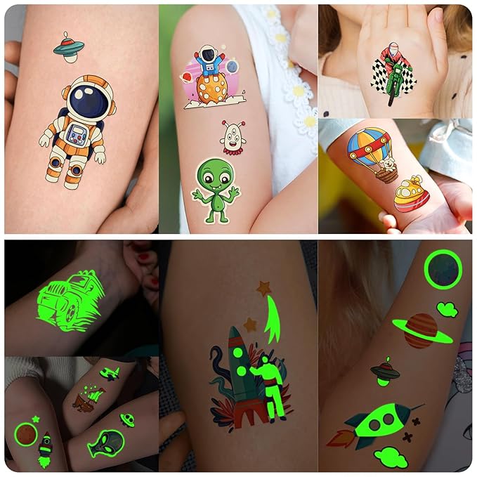 Temporary Tattoo for Kids, Space and Vehicle Glow In Dark Tattoos, 250+ Patterns Luminous Fake Tattoo Sticker，Planet Astronaut Spaceship Alien Plane Car 36 Sheets Long Lasting Tattoo for Party Supply