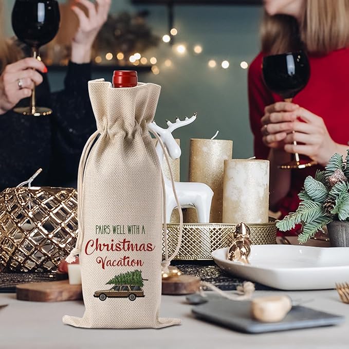 Christmas Vacation Wine Bag, Pairs Well With Christmas Vacation Wine Bottle Cover, Merry Xmas Holiday Party Decorations, Xmas New Year Vacation Gifts