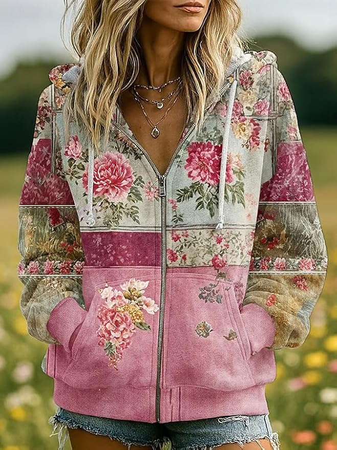 OSCORP Women’s Boho Patchwork Floral Embroidered Hoodie, Vintage Mixed Pullover Sweatshirt with Drawstring for Fall Winter