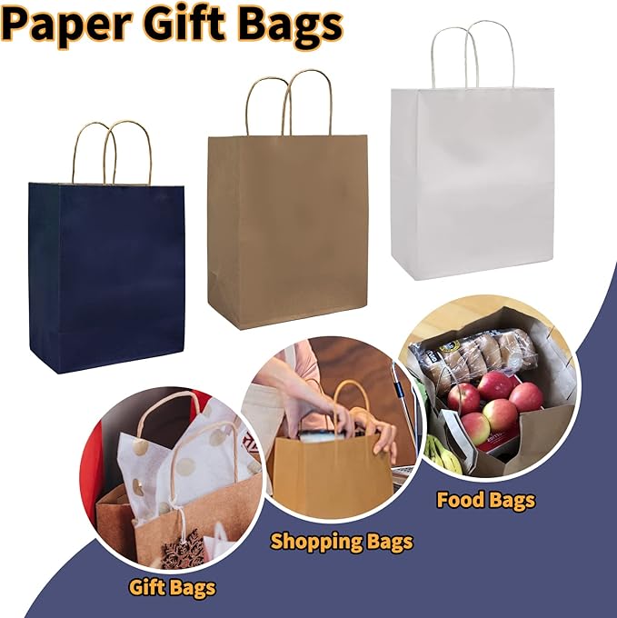 FACEBAG 50-Pack Brown Paper Bags with Handles Bulk, 8x4.25x10.5 Inches,Medium-sized Gift Bags with Handles for Party Favors，Take-Out，Grocery Shopping & Retail，Reusable & Durable