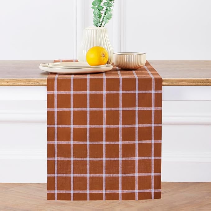 Solino Home Fall Table Runner 60 Inches - 100% Pure Linen Windowpane Cinnamon Table Runner 14 x 60 Inch Ideal for Dresser and Coffee Tables - Autumn, Thanksgiving