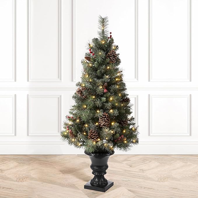 Glitzhome 4ft Christmas Tree,Pre-Lit Artificial Small Christmas Tree for Entrance Flocked Potted Tree with 100 Warm White Lights,224 Pine Needle&PVC Branch Tips,Pinecones&Berries for Porch Xmas Decor