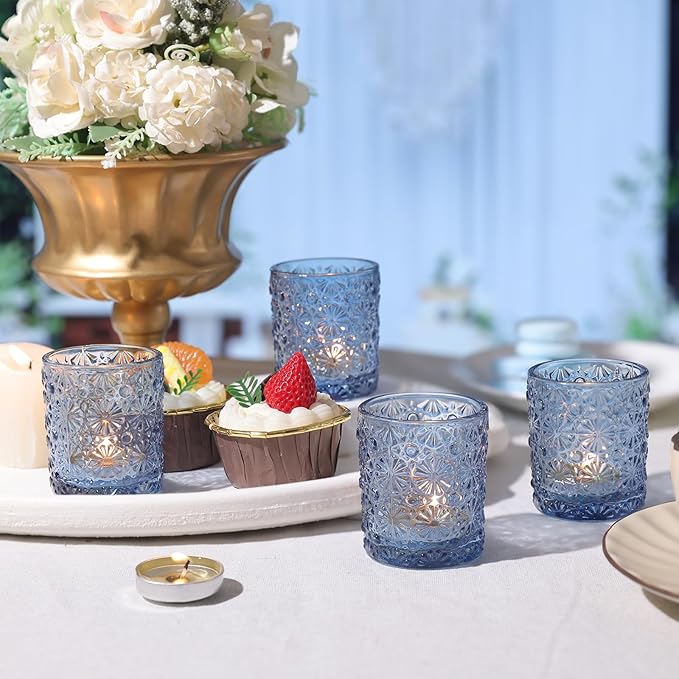 Blue Votive Candle Holder Set of 12, Flower Tea Lights Candles Holders for Wedding Table Centerpieces, Birthday Parties, Home Decor, Blue Bridal Shower and Holiday Decorations