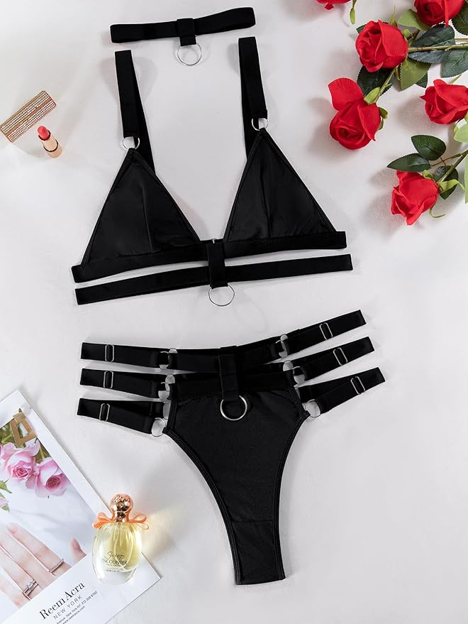 Lilosy Sexy Wireless Choker O Ring Linked Strappy Harness Lingerie Set Outfits 3 Piece